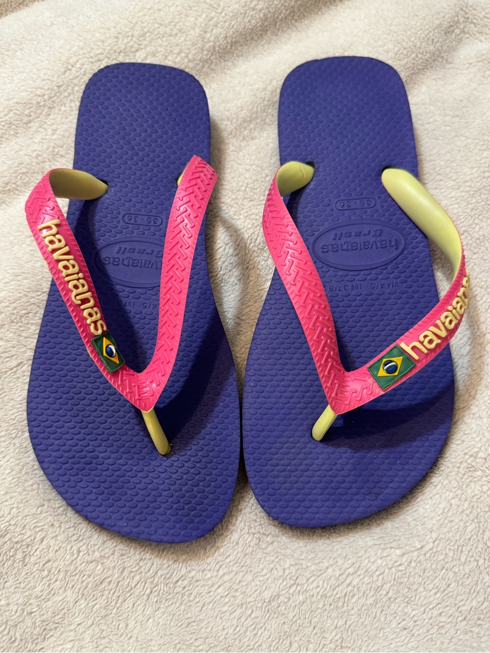 Havaianas Purple Footbed Flip Flops with Pink Straps and Yellow Accents